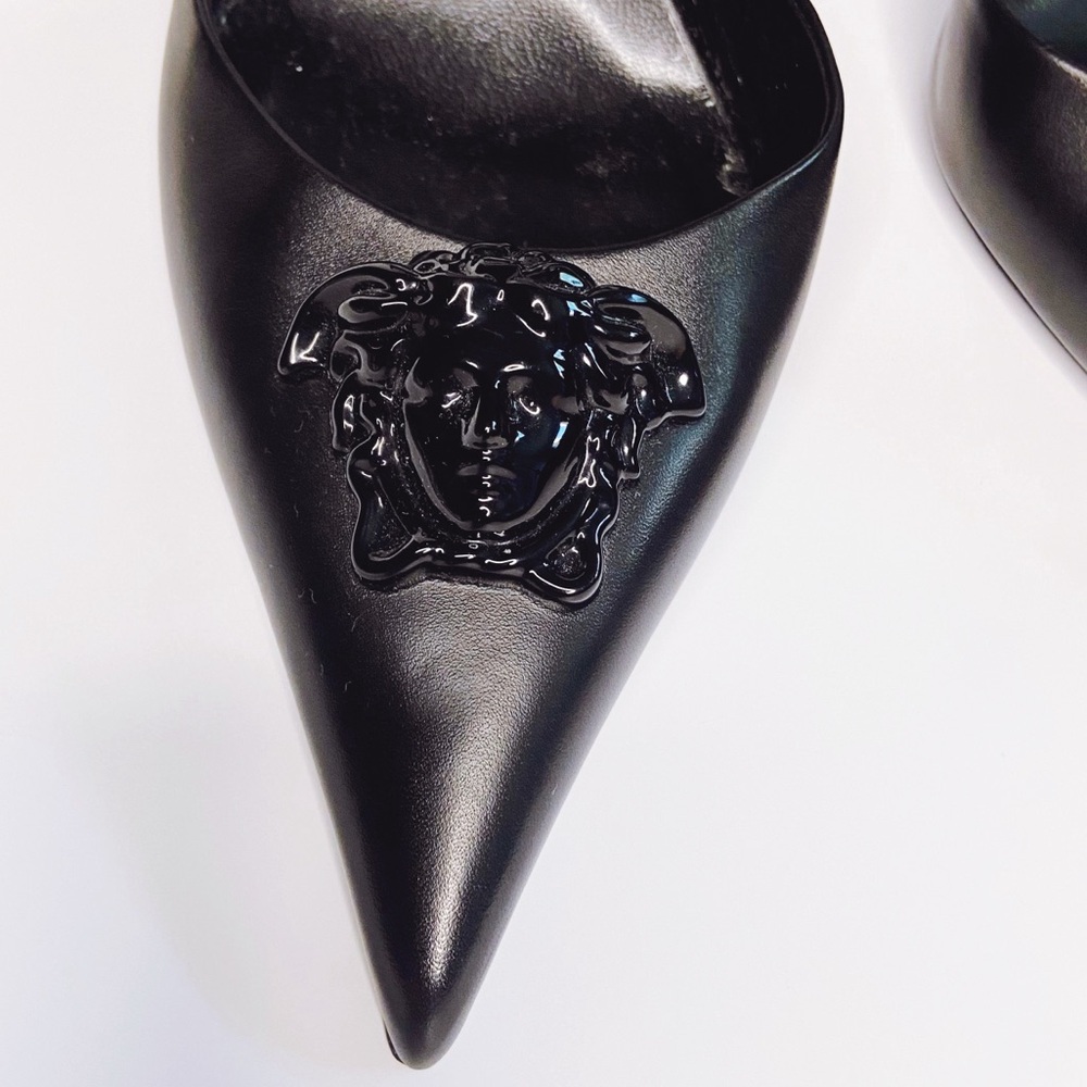 Versace Black Slingback Pointed Toe Heels with Medusa Chain - Picture 4 of 17